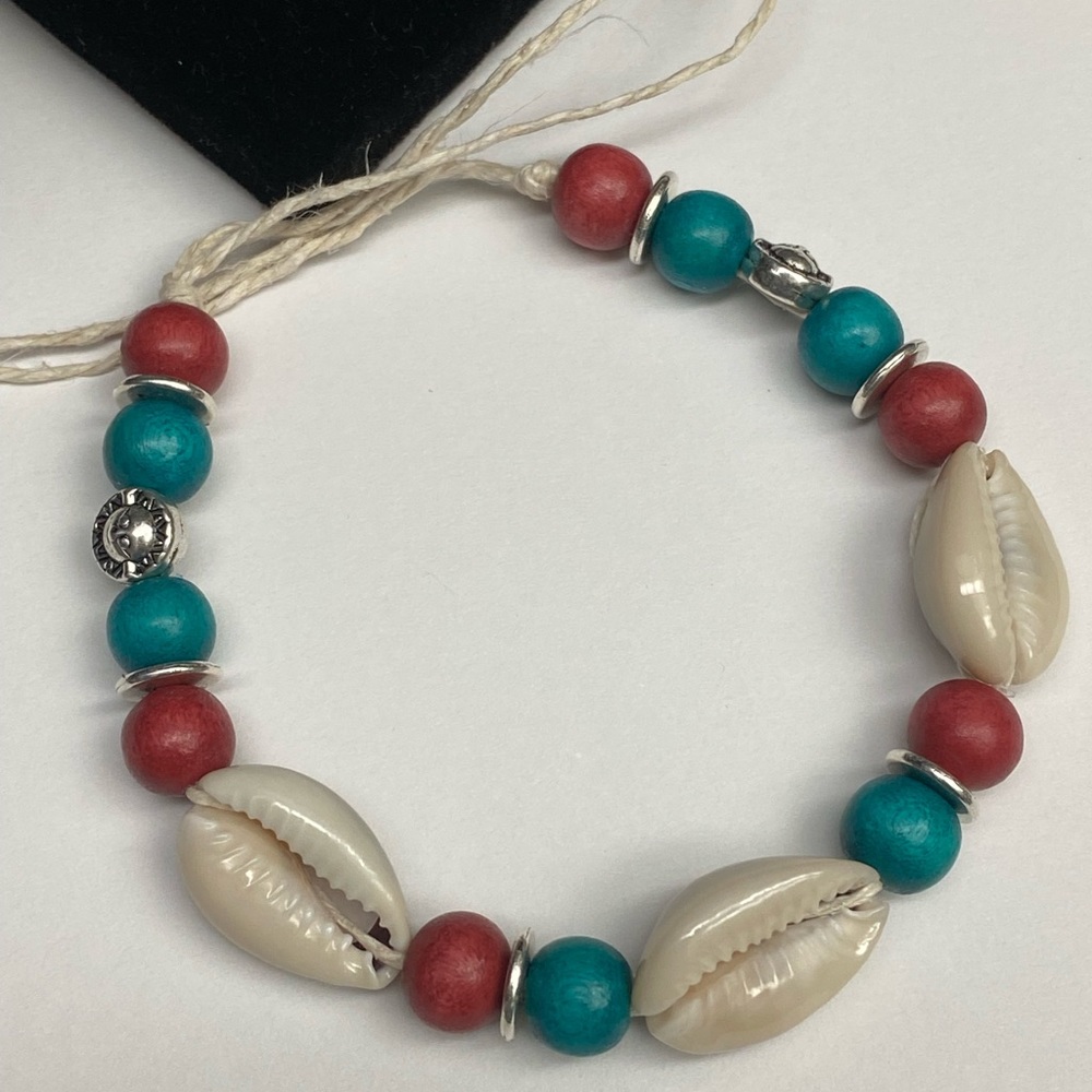 Moon and Stars Wood Bead Hemp Tie on Bracelet with Cowrie Shell Detail